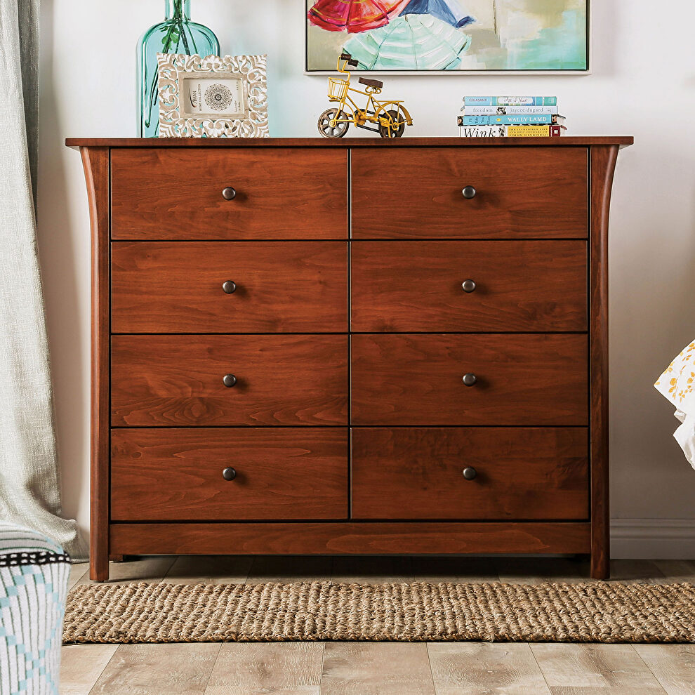 Dark cherry solid wood mid-century modern 8-drawer chest by Furniture of America