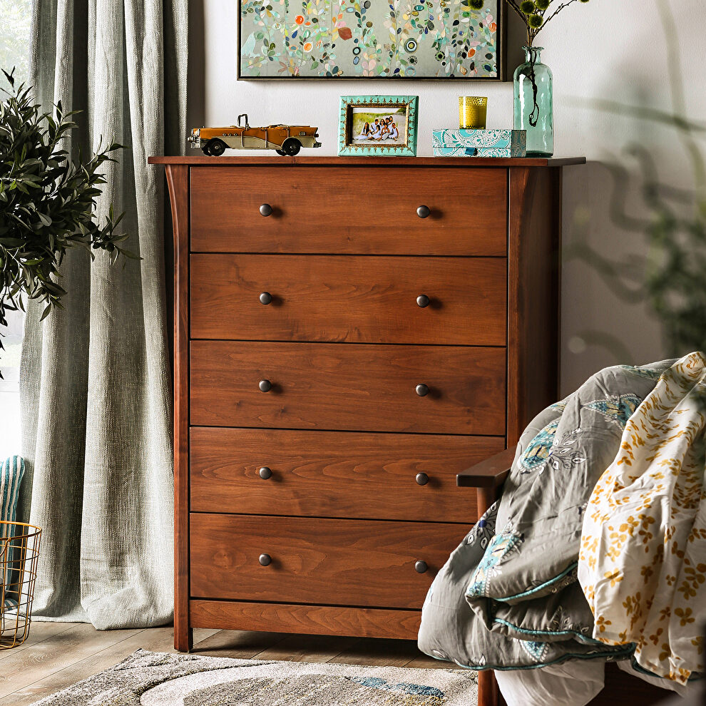 Dark cherry solid wood mid-century modern 5-drawer chest by Furniture of America
