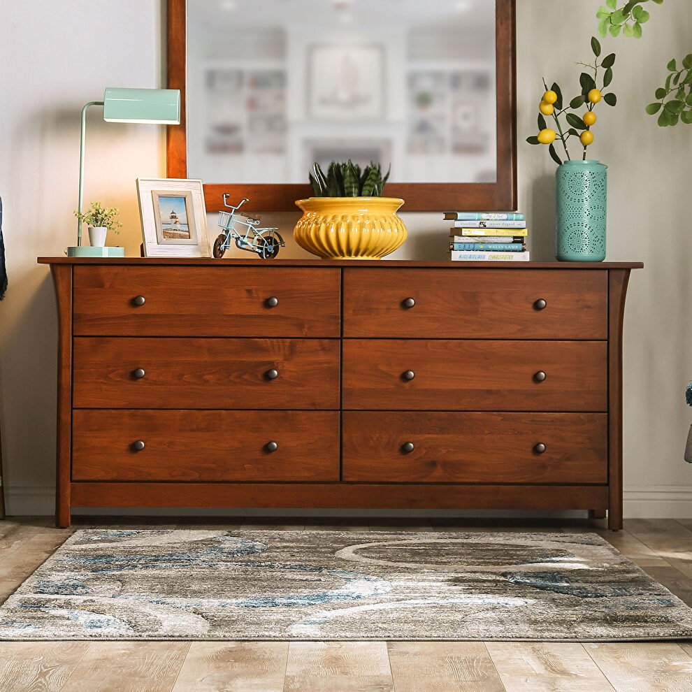 Dark cherry solid wood mid-century modern dresser by Furniture of America