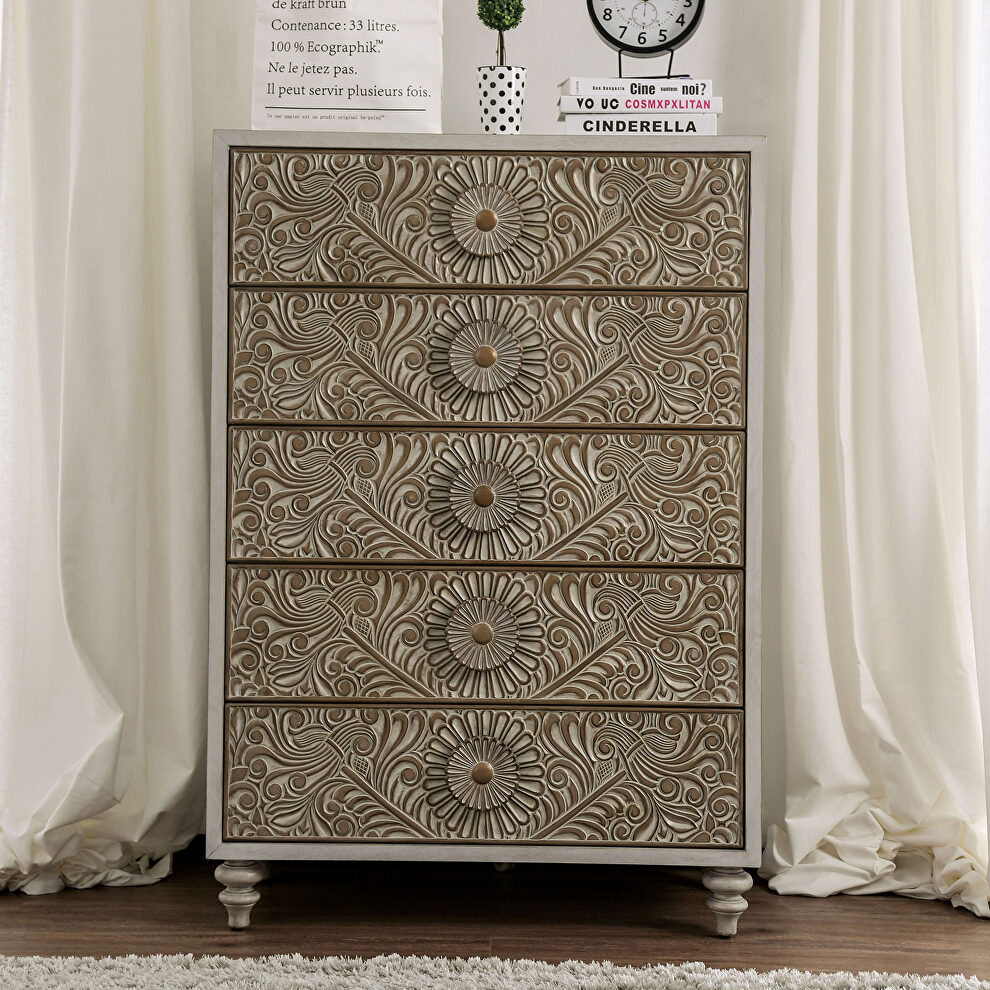 Beige polyresin floral design chest by Furniture of America