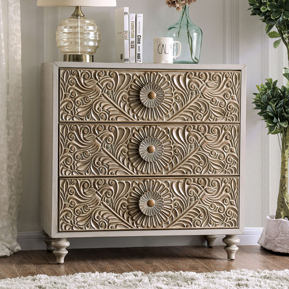 Beige polyresin floral design small chest by Furniture of America