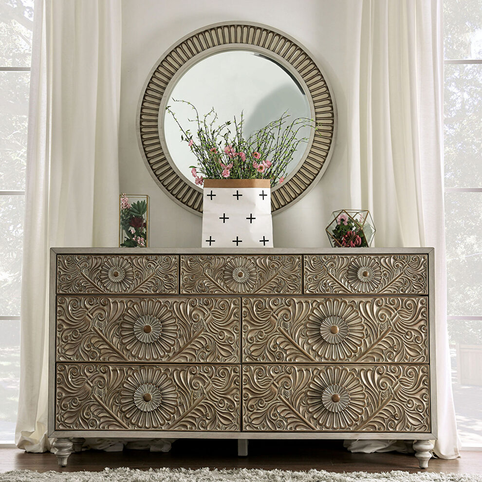 Beige polyresin floral design dresser by Furniture of America
