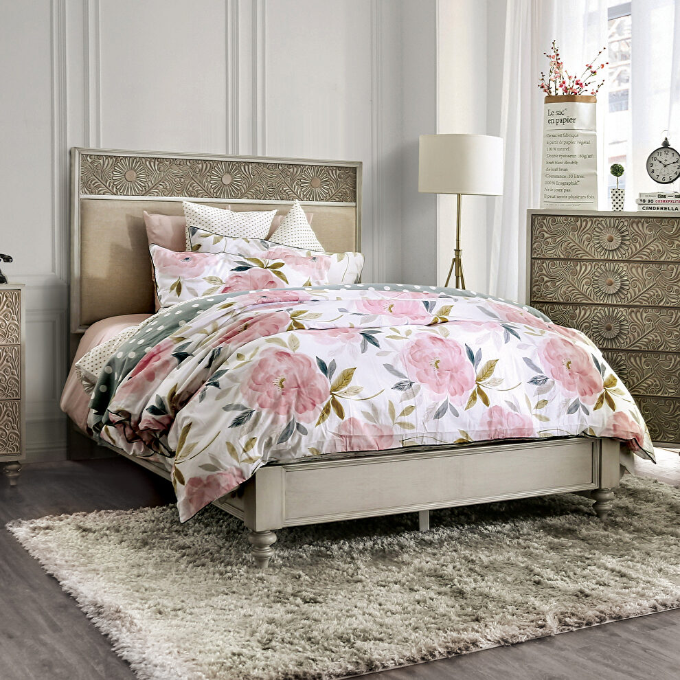 Beige fabric headboard polyresin floral design king bed by Furniture of America