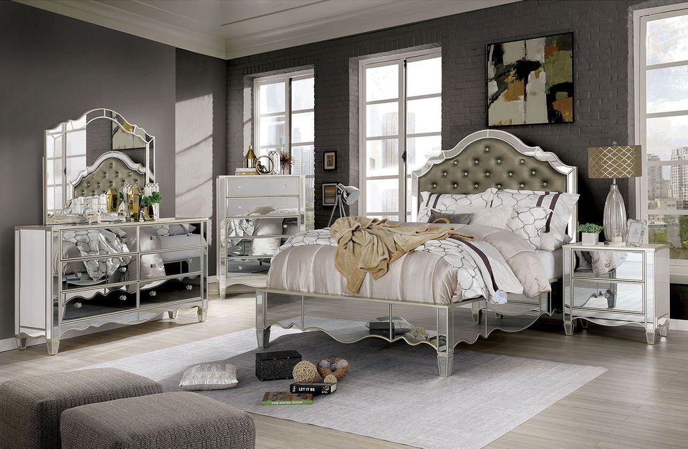 Glamour glam style silver / mirrored king bed by Furniture of America