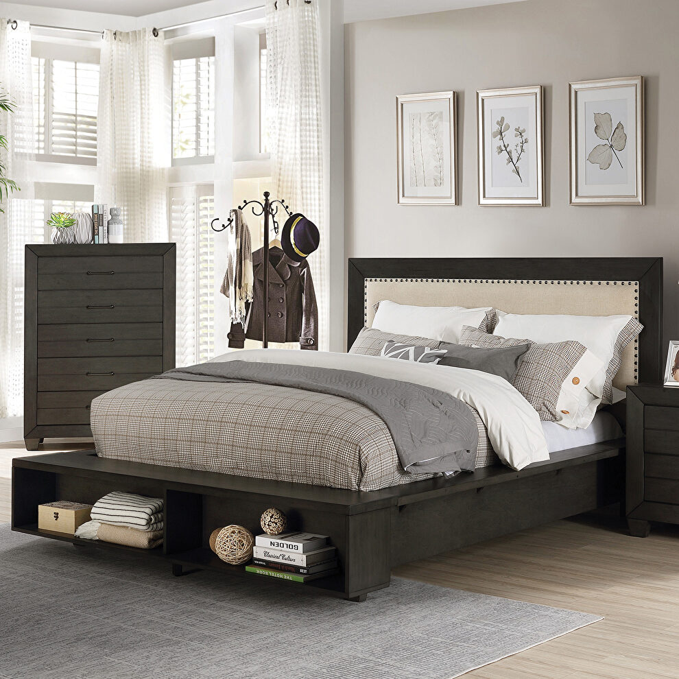 Dark gray/ beige padded headboard w/ nailhead trim king bed by Furniture of America