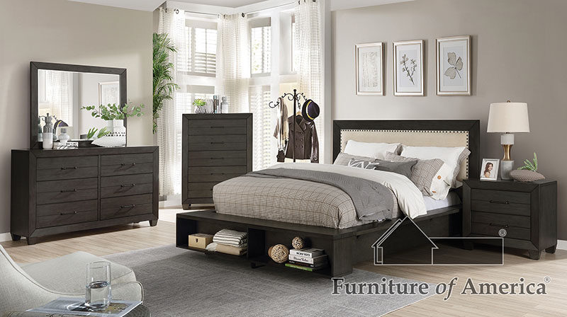 Dark gray/ beige padded headboard w/ nailhead trim bed by Furniture of America