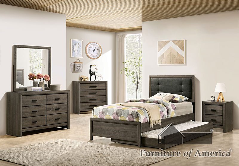 Button-tufted padded headboard gray/charcoal finish youth bedroom by Furniture of America