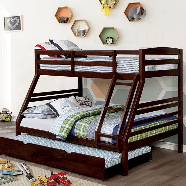 Dark walnut finish transitional twin/full bunk bed by Furniture of America