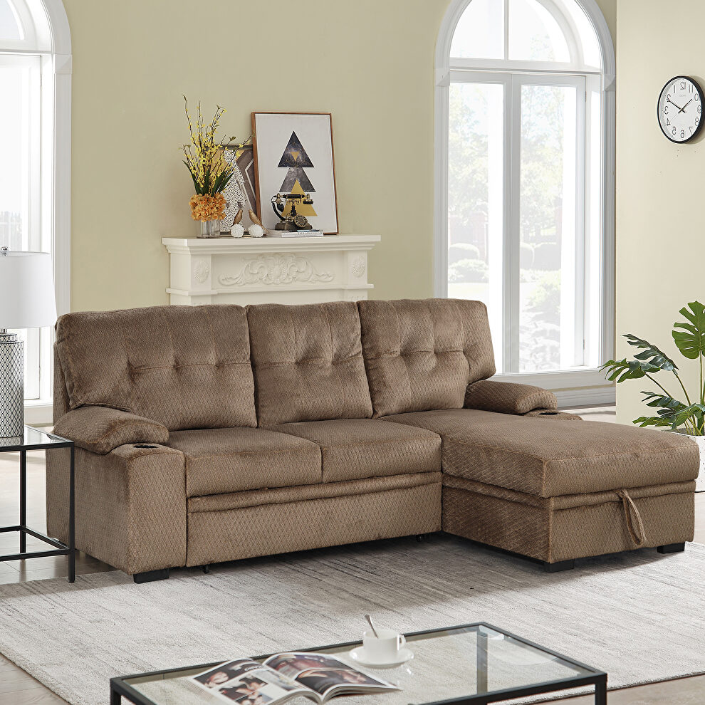 Brown fabric upholstery sleeper sectional sofa with storage chaise and cup holder by La Spezia