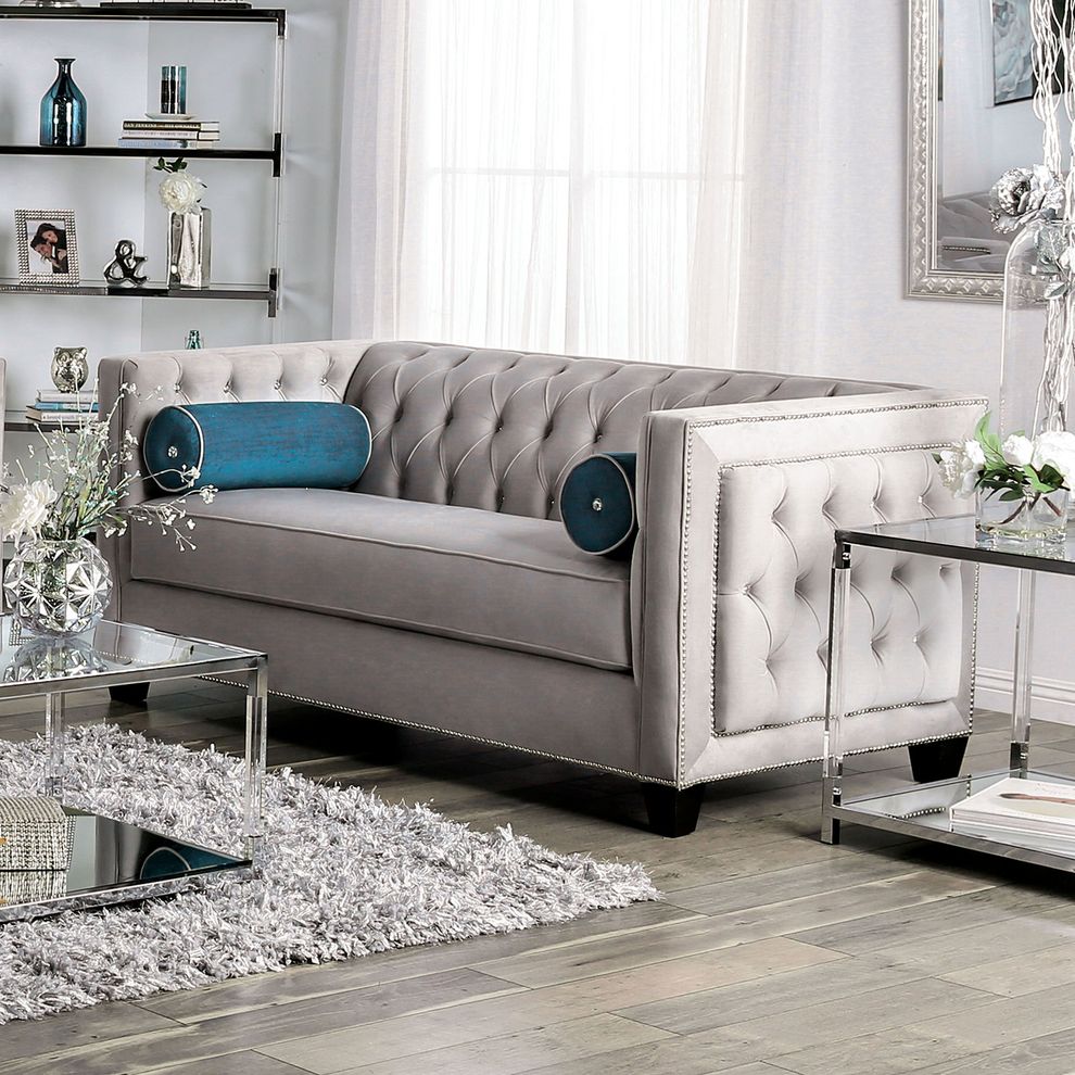 Gray Tufted US-made Transitional Loveseat by Furniture of America