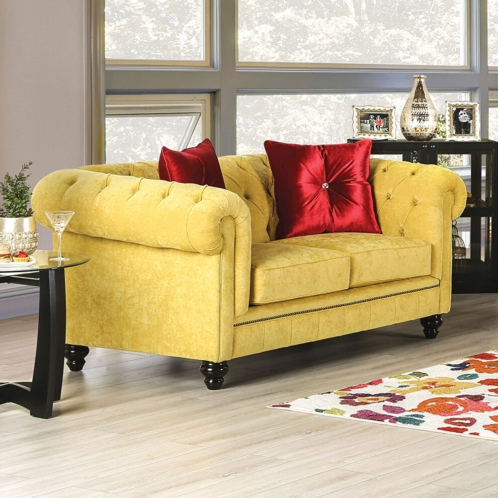 Elegant design royal yellow microfiber loveseat by Furniture of America