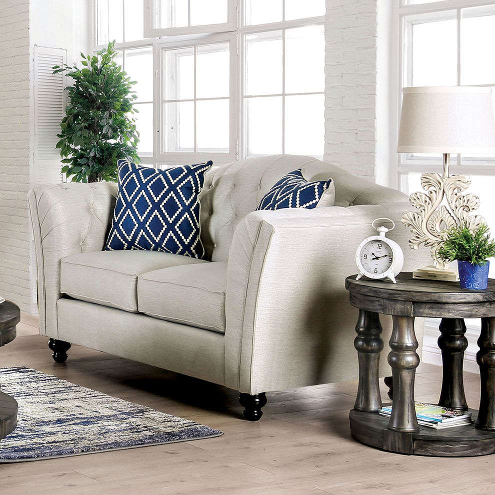 Ivory Linen-like Fabric US-made Transitional Loveseat by Furniture of America