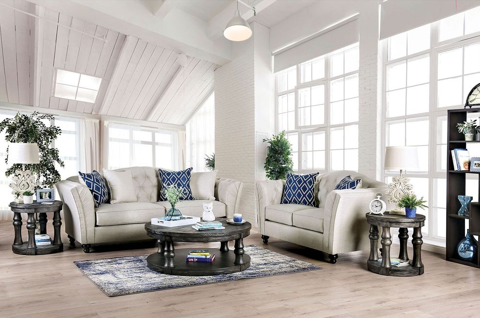 Ivory Linen-like Fabric US-made Transitional Sofa by Furniture of America