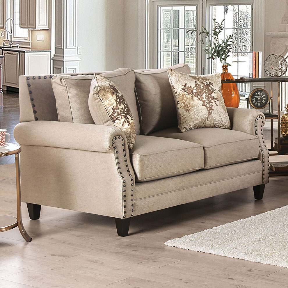 Beige/ gold chenille fabric loveseat with individual nailhead trim by Furniture of America