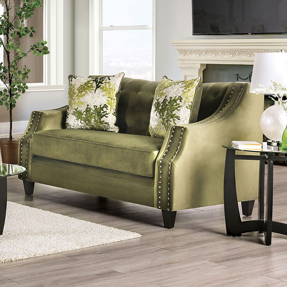 Line-textured american-made green loveseat by Furniture of America