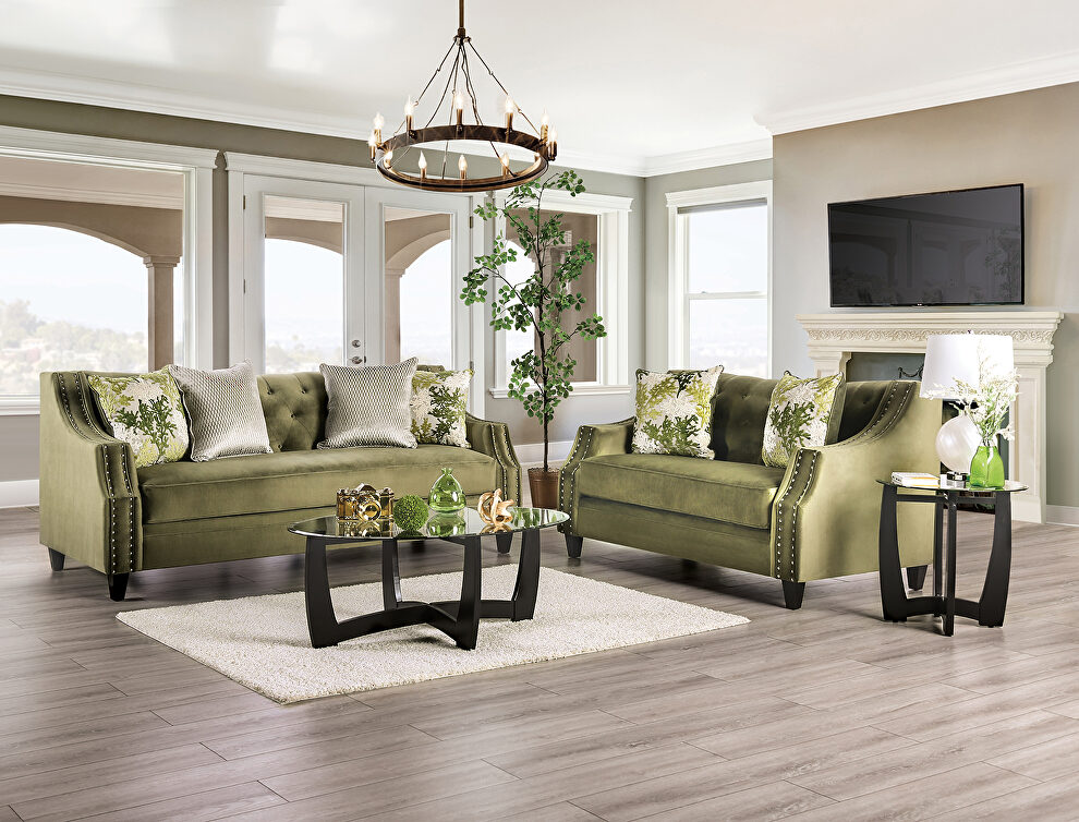 Line-textured american-made green sofa by Furniture of America