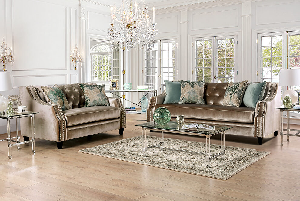 Transitional style champagne/ turquoise chenille fabric sofa by Furniture of America