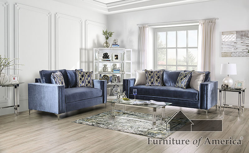 Dynamic vibe of blue satin sofa by Furniture of America