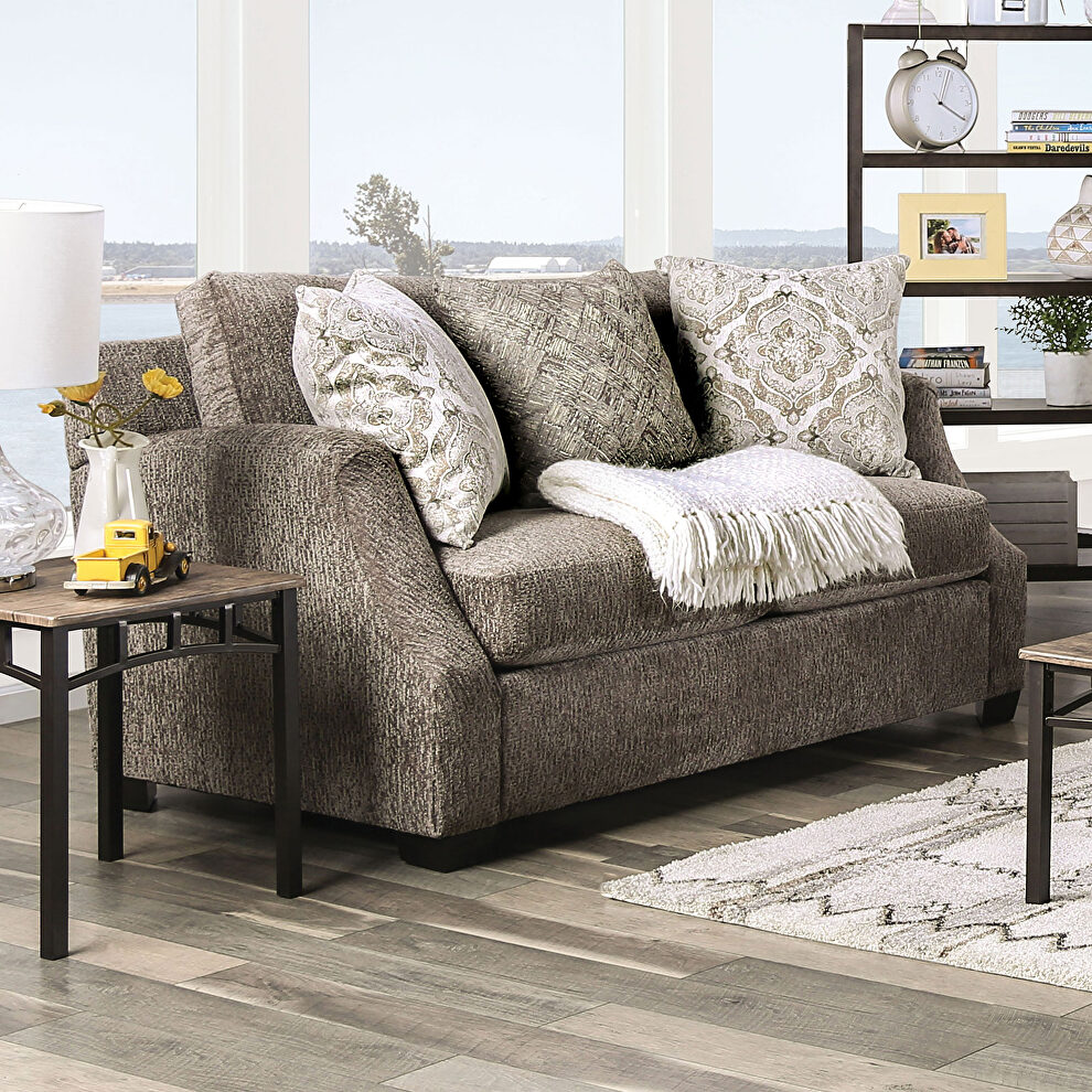 Transitional style elegantly textured gray fabric loveseat by Furniture of America