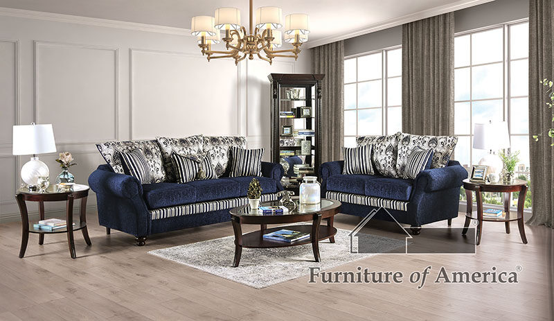 Royal quality and classic elegant design navy/ silver chenille fabric sofa by Furniture of America