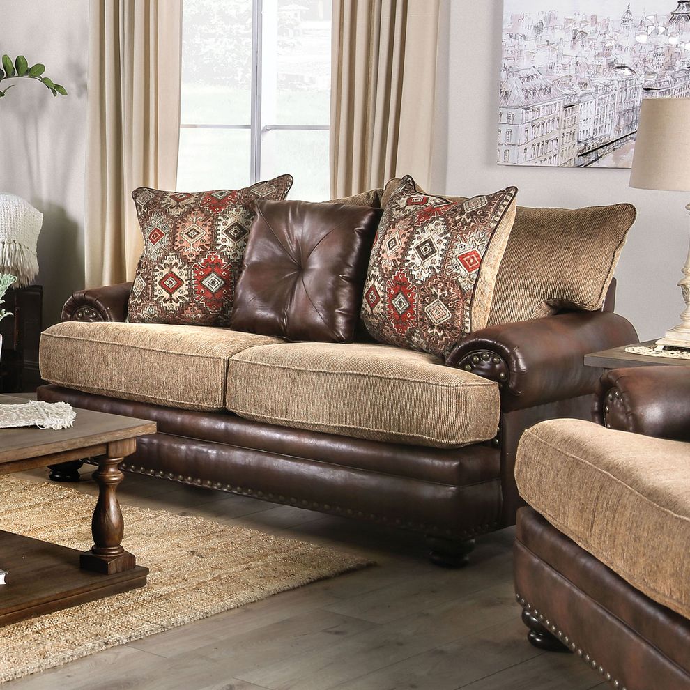 US-made oversized brown / tan casual style loveseat by Furniture of America