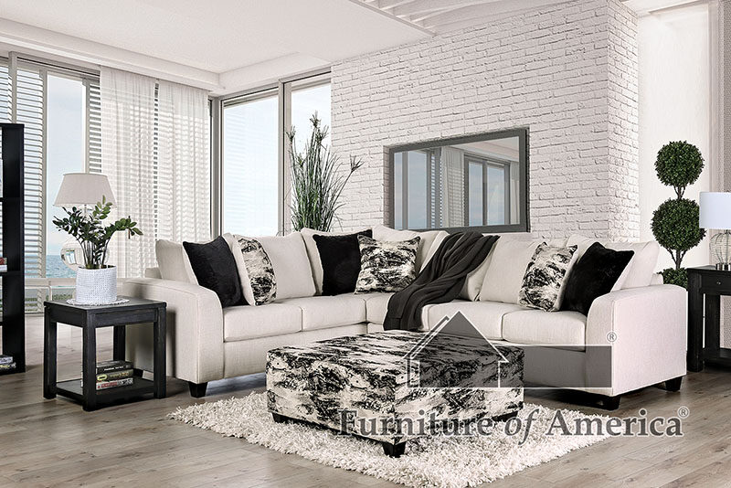 Ivory upholstery and black throw pillows sectional sofa by Furniture of America