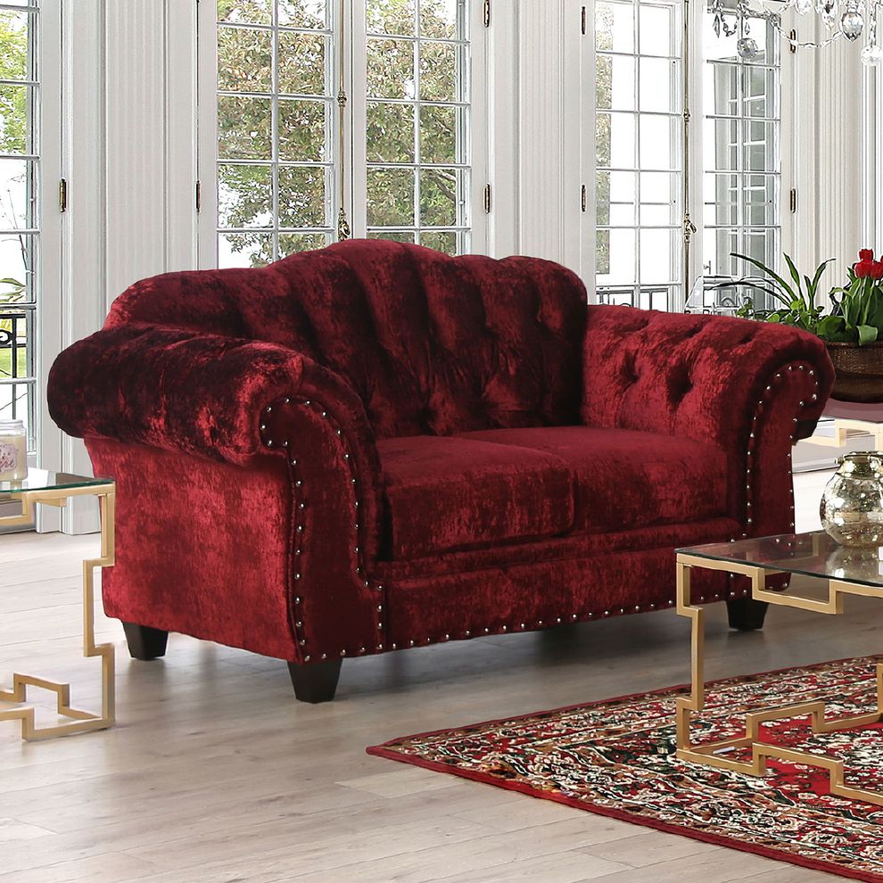 Wine velvet transitional loveseat made in us by Furniture of America