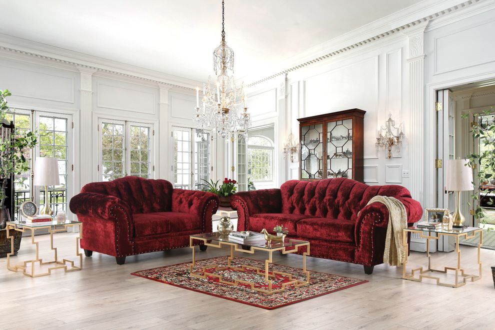 Wine velvet transitional sofa made in us by Furniture of America