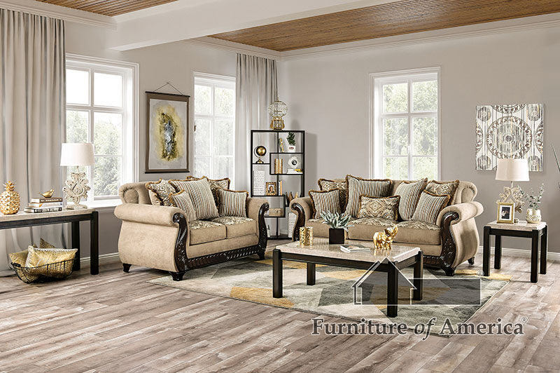 Ornately carved wood details tan/ brown chenille fabric sofa by Furniture of America