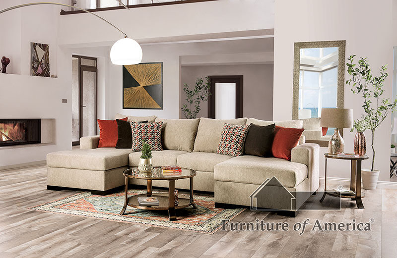 Cream-colored faux linen fabric sectional sofa by Furniture of America