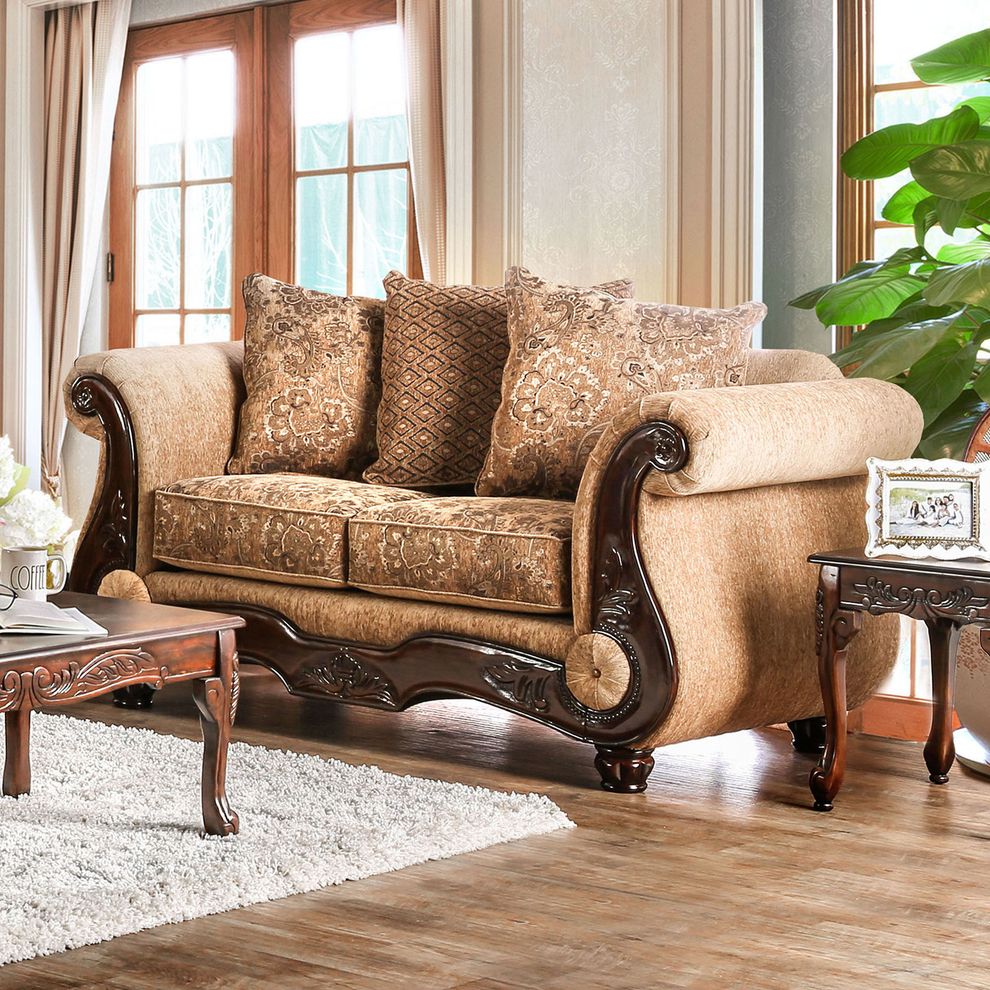 Tan/Gold US-Made Traditional Loveseat by Furniture of America