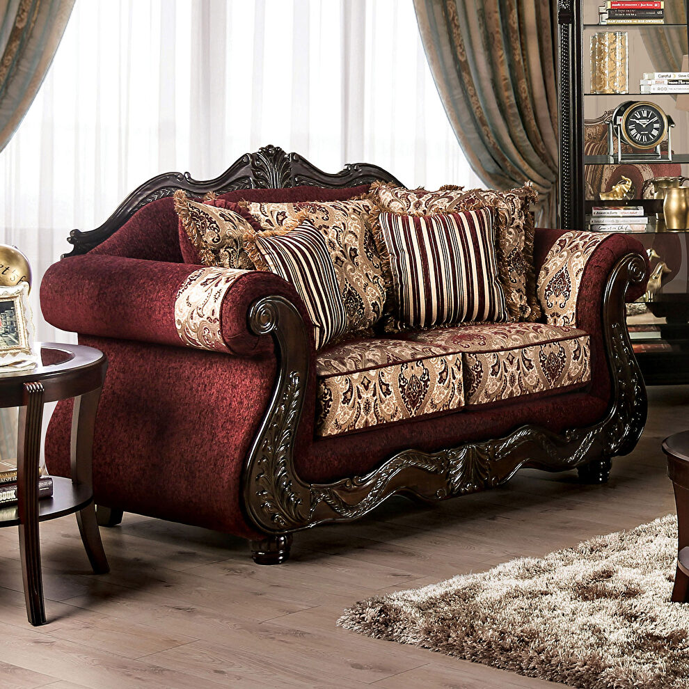 Transitional style burgundy/ brown chenille fabric loveseat by Furniture of America