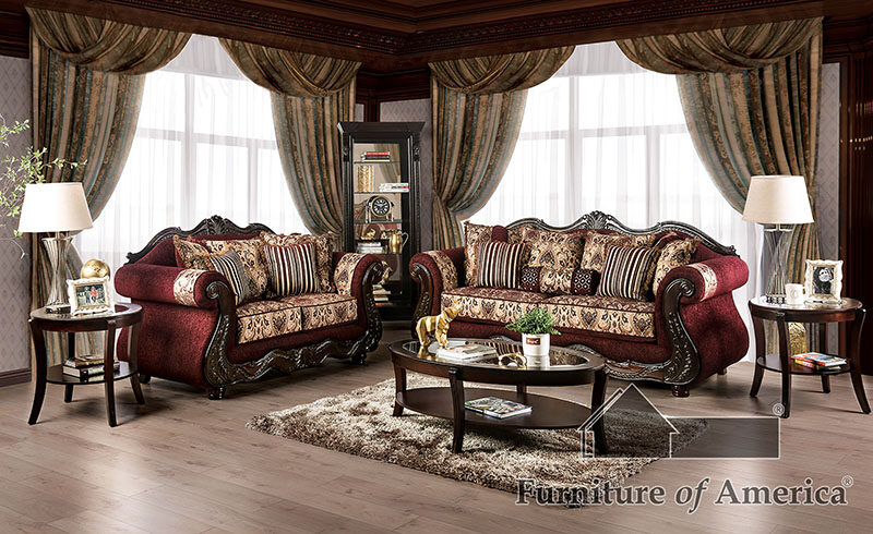 Transitional style burgundy/ brown chenille fabric sofa by Furniture of America