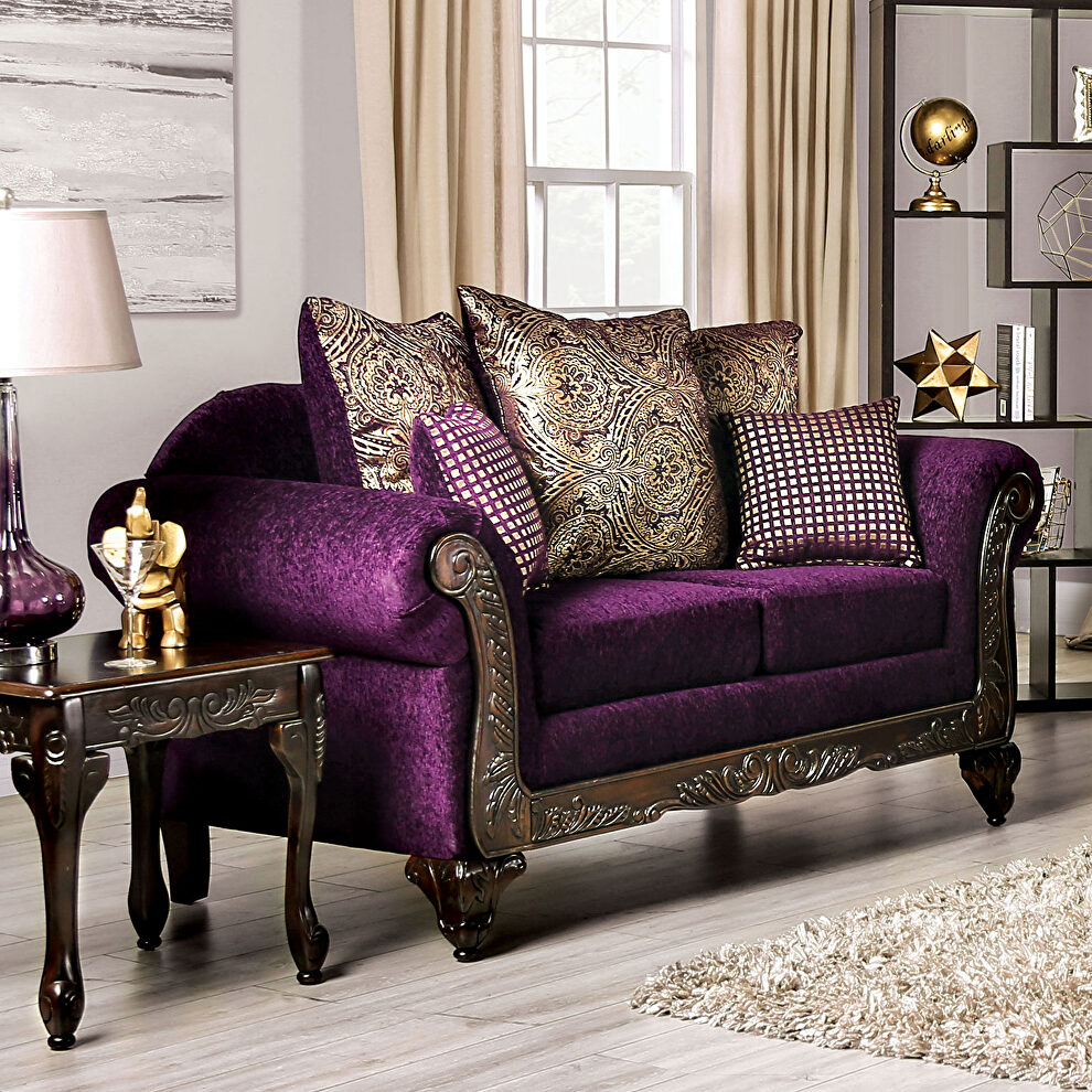 Lustrous chenille and polished carved wood loveseat by Furniture of America
