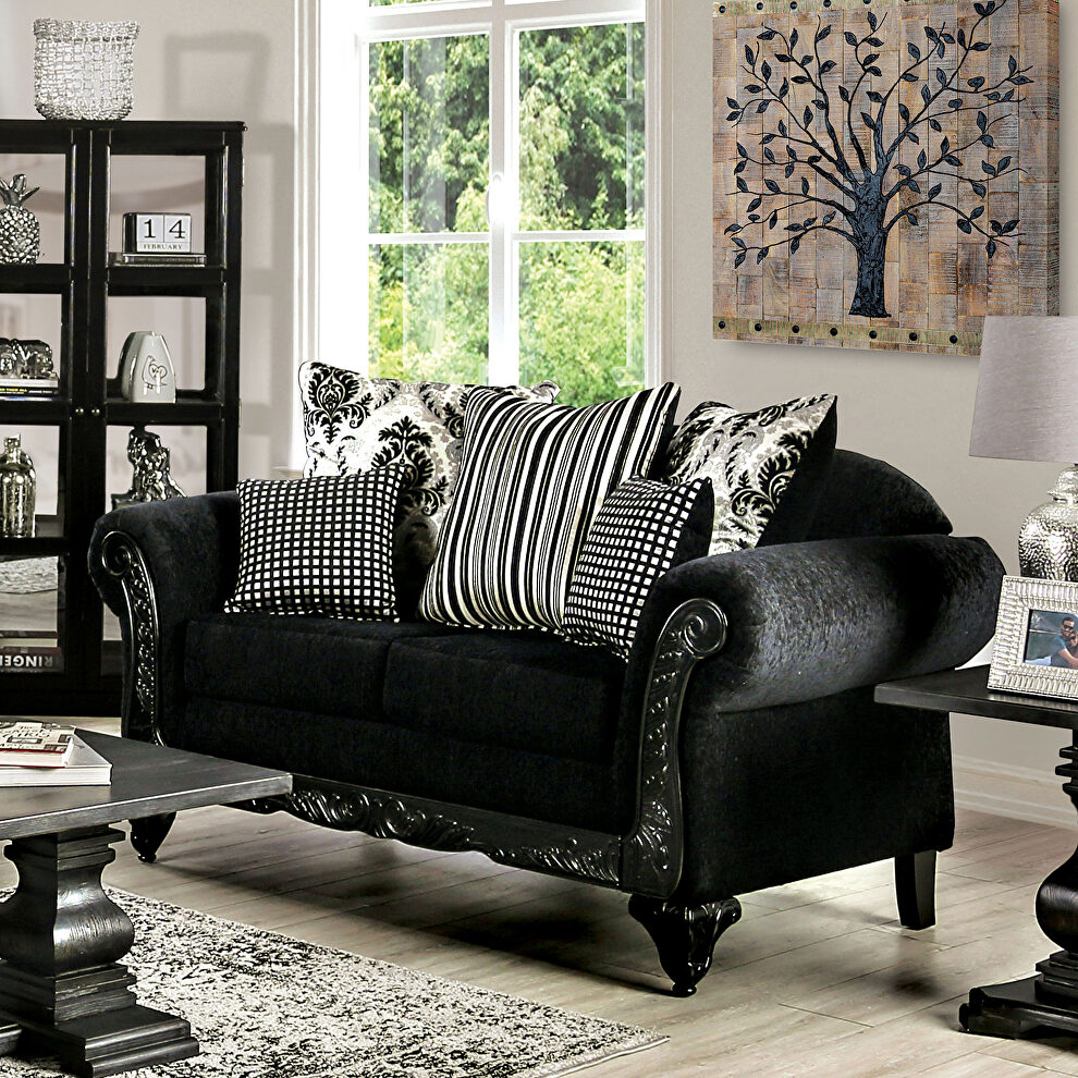 Lustrous soft chenille and polished ebony-finished wood pair loveseat by Furniture of America