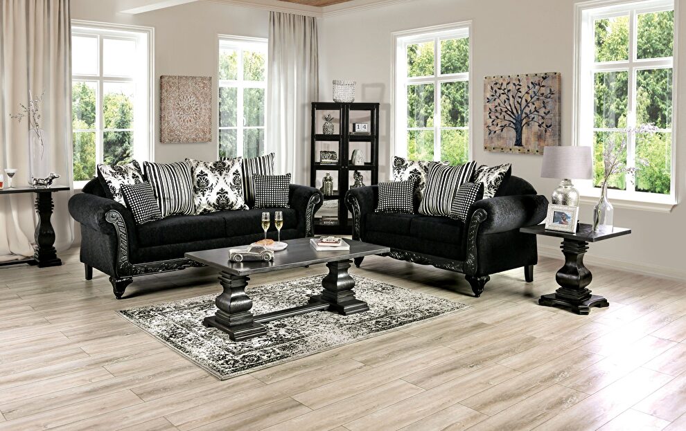 Lustrous soft chenille and polished ebony-finished wood pair sofa by Furniture of America