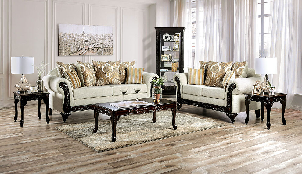 Soft-woven chenille fabric and polished wood sofa by Furniture of America