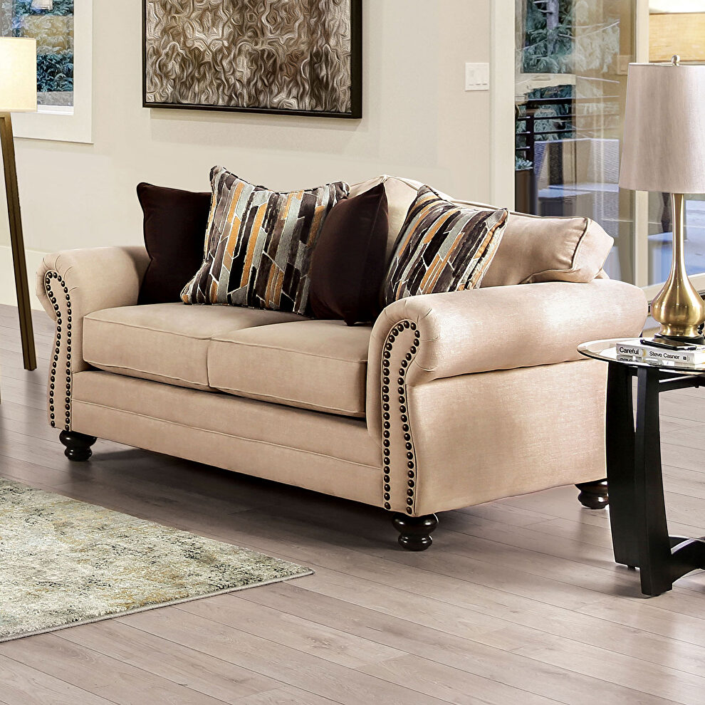 Sand/ brown chenille fabric loveseat with individual nailhead trim by Furniture of America