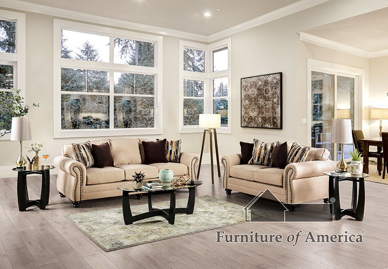 Sand/ brown chenille fabric sofa with individual nailhead trim by Furniture of America