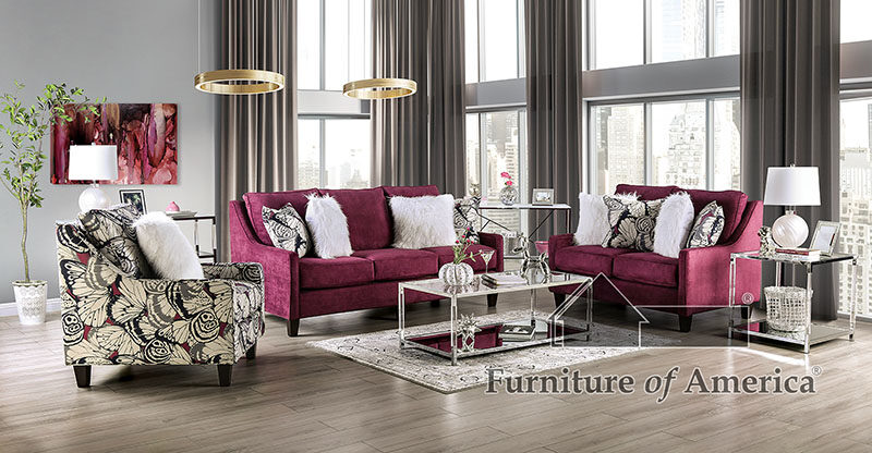 Modern design plum chenille fabric sofa by Furniture of America