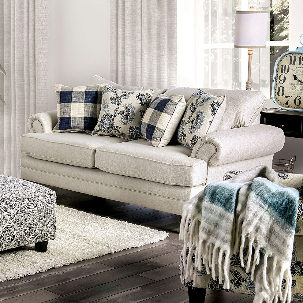 Ivory linen-like fabric transitional loveseat by Furniture of America