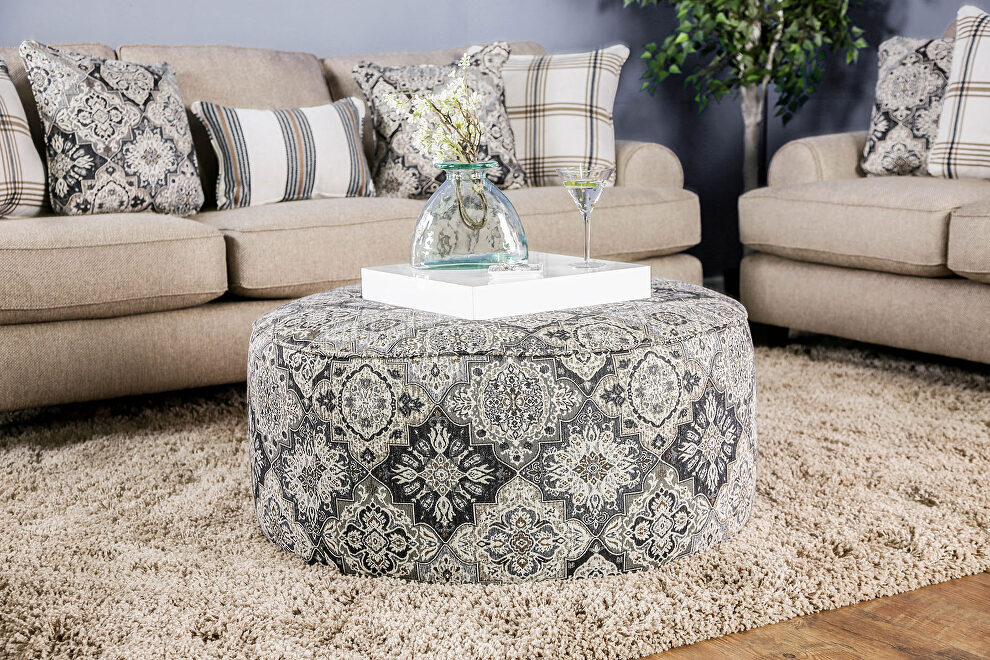 Ivory/pattern transitional ottoman by Furniture of America
