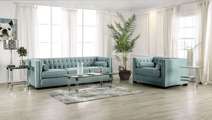 Tuxedo style plush velvet upholstery sofa by Furniture of America
