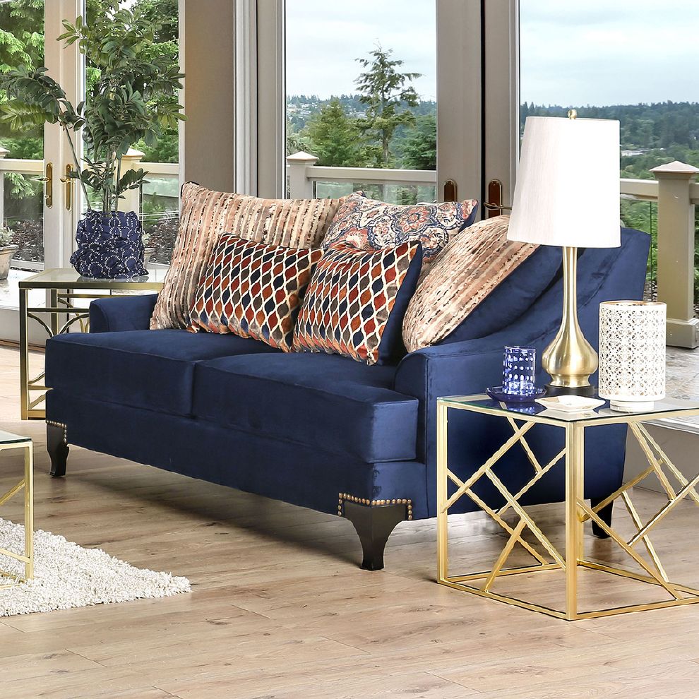 Navy chenille fabric sloped arms loveseat by Furniture of America