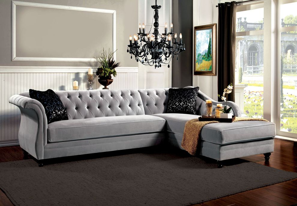 Warm gray fabric tufted back sectional sofa by Furniture of America