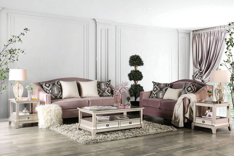 Blush pink velvet like fabric sloped arms sofa by Furniture of America