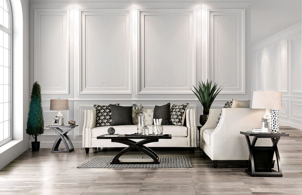 US-made beige velvet-like fabric sofa by Furniture of America