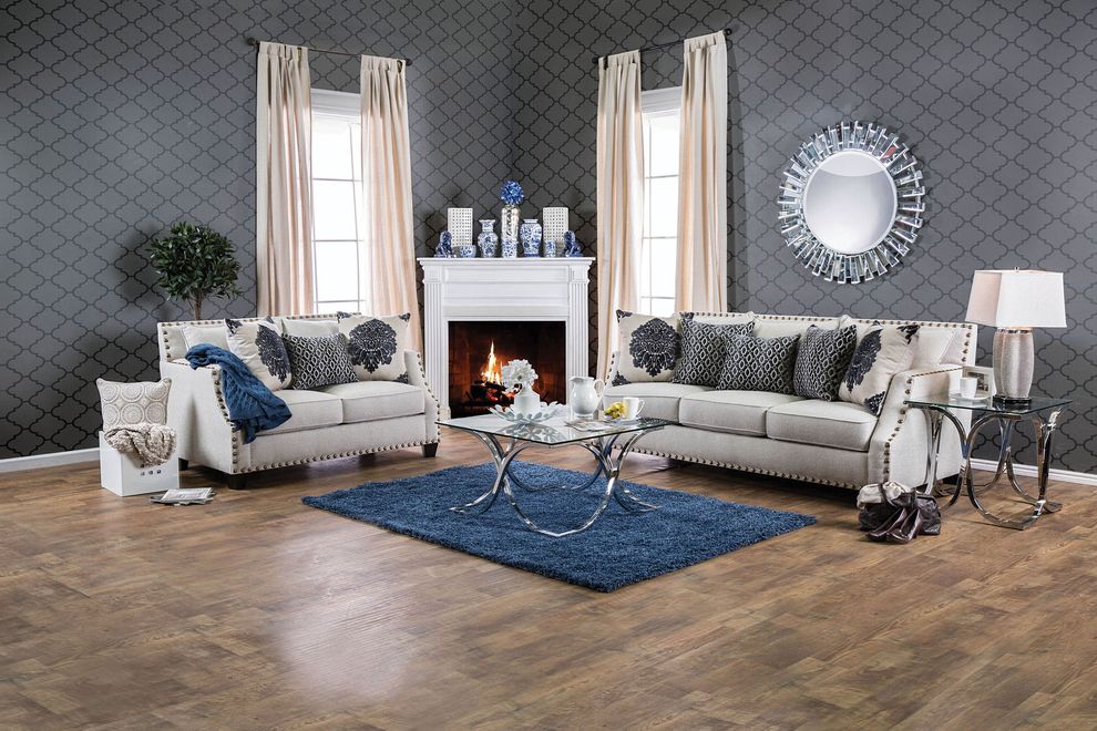 Light beige fabric nailhead trim casual sofa by Furniture of America