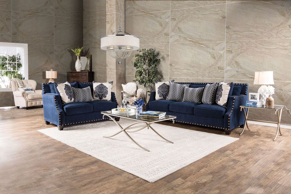 Deep navy fabric nailhead trim casual sofa by Furniture of America