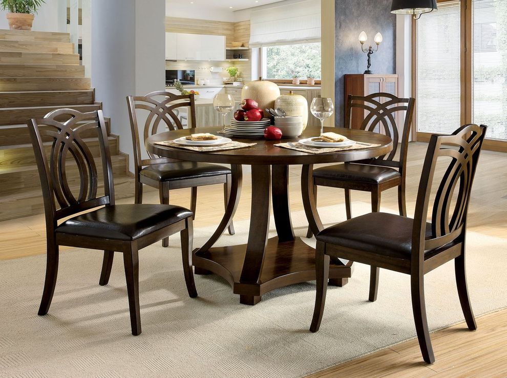 Round contemporary dark walnut wood dining table by Furniture of America